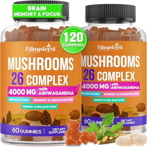 Mushroom Gummies for Adults 4000mg, Brain Supplements for Memory and Focus, 26 in 1 Mushroom Supplement Complex with Ashwagandha &amp; Lion&#39;s Mane, Turkey Tail, Reishi, Cordyceps, Organic, 120 Count