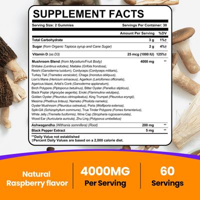 Mushroom Gummies for Adults 4000mg, Brain Supplements for Memory and Focus, 26 in 1 Mushroom Supplement Complex with Ashwagandha & Lion's Mane, Turkey Tail, Reishi, Cordyceps, Organic, 120 Count