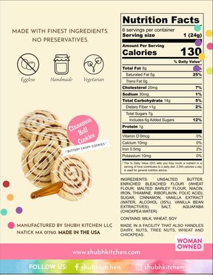 Shubh Kitchen Cinnamon Roll Sugar Cookies - Cinnamon Lover Cookies - 100 Eggfree and Vegetarian- No Artificial Flavors or Preservatives - 5 ounce. Fresh and Delicious Gourmet Cookies