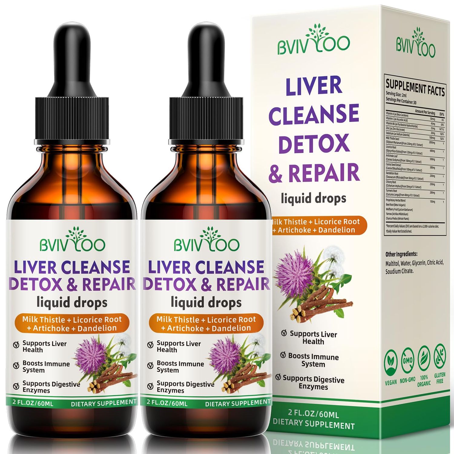 2 Pack Liver Health Liquid Drops - 2000mg Milk Thistle, Dandelion Root, Artichoke, Silymarin Extract, &amp; Turmeric Herbs - Vegan, Non-GMO - 4 Fl Oz 120ml