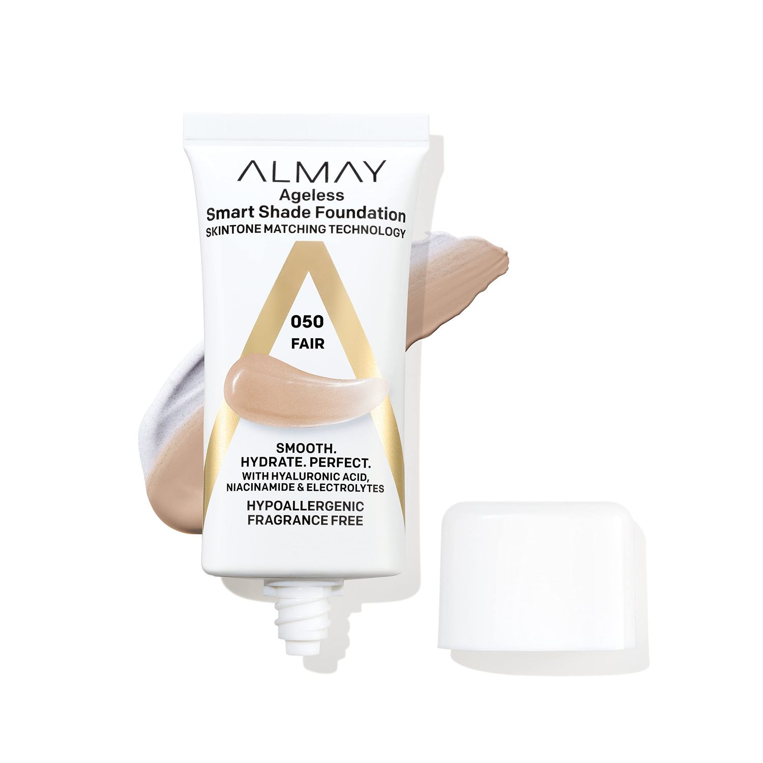 Almay Anti-Aging Foundation, Smart Shade Face Makeup with Hyaluronic Acid, Niacinamide, Vitamin C &amp; E, Hypoallergenic-Fragrance Free, 050 Fair, 1 Fl Oz Pack of 1