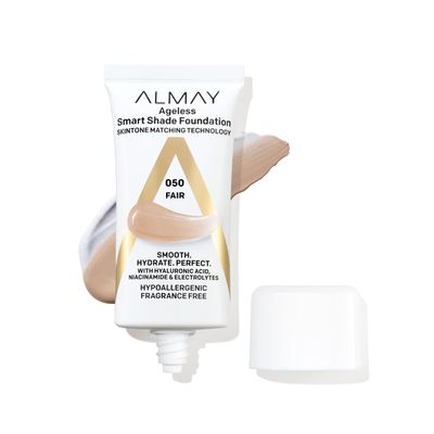 Almay Anti-Aging Foundation, Smart Shade Face Makeup with Hyaluronic Acid, Niacinamide, Vitamin C &amp; E, Hypoallergenic-Fragrance Free, 050 Fair, 1 Fl Oz Pack of 1
