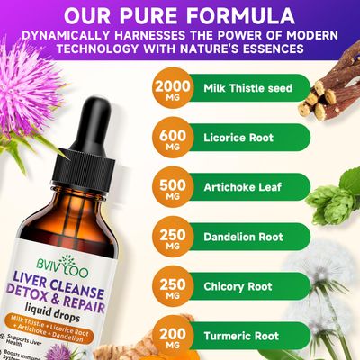 2 Pack Liver Health Liquid Drops - 2000mg Milk Thistle, Dandelion Root, Artichoke, Silymarin Extract, &amp; Turmeric Herbs - Vegan, Non-GMO - 4 Fl Oz 120ml