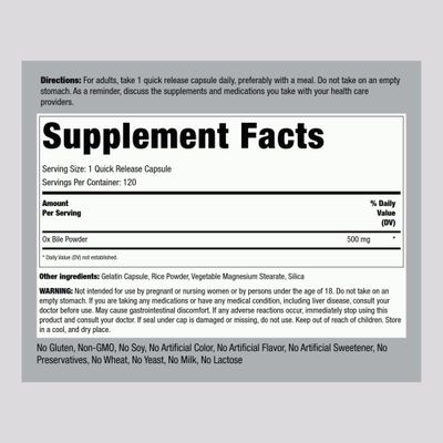 Piping Rock Ox Bile Supplement 500mg 120 Capsules Digestive Enzyme Non-GMO, Gluten Free