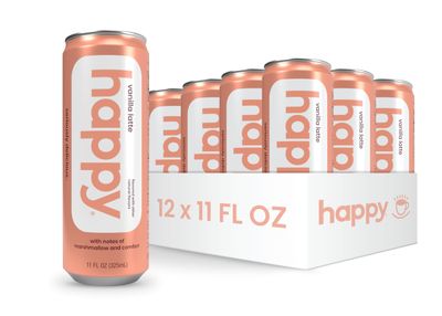 happy coffee canned vanilla latte, 11 oz. cans, 12 pack, notes of marshmallow &amp; comfort, 100 arabica beans, no artificial flavors or sweeteners