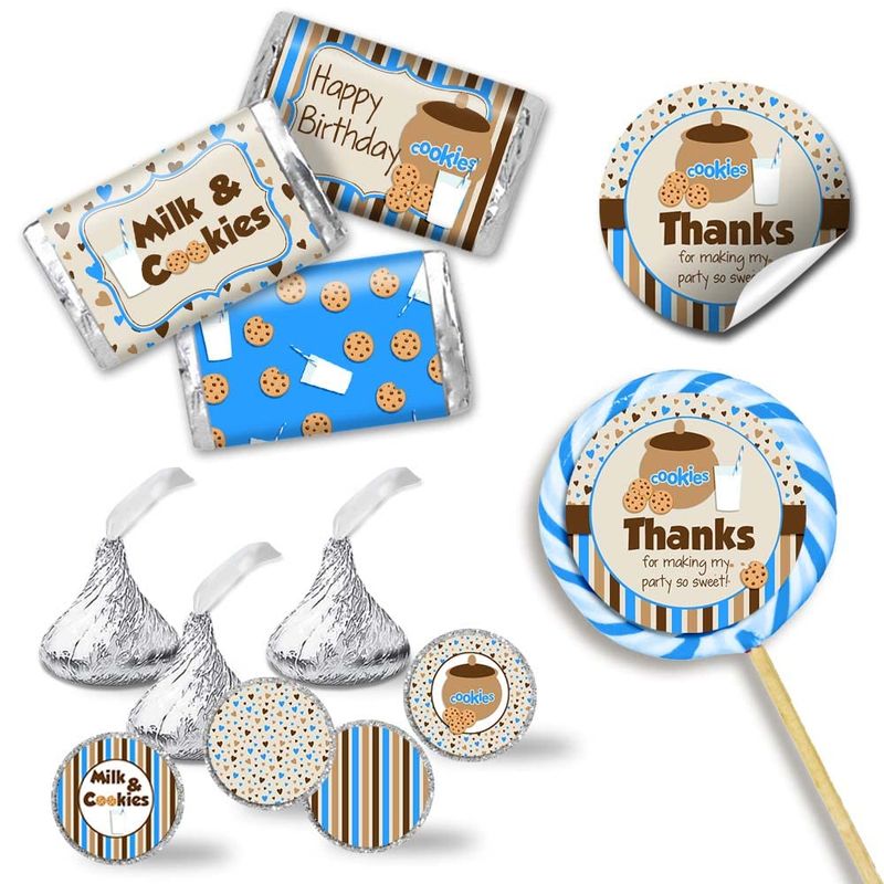 Milk and Cookies Cookie Jar Birthday Party Sticker Bundle 429 pieces! Includes 60 2 Circle Stickers for Favors, 45 Mini Candy Bar Wrappers &amp; 324 Kiss Stickers