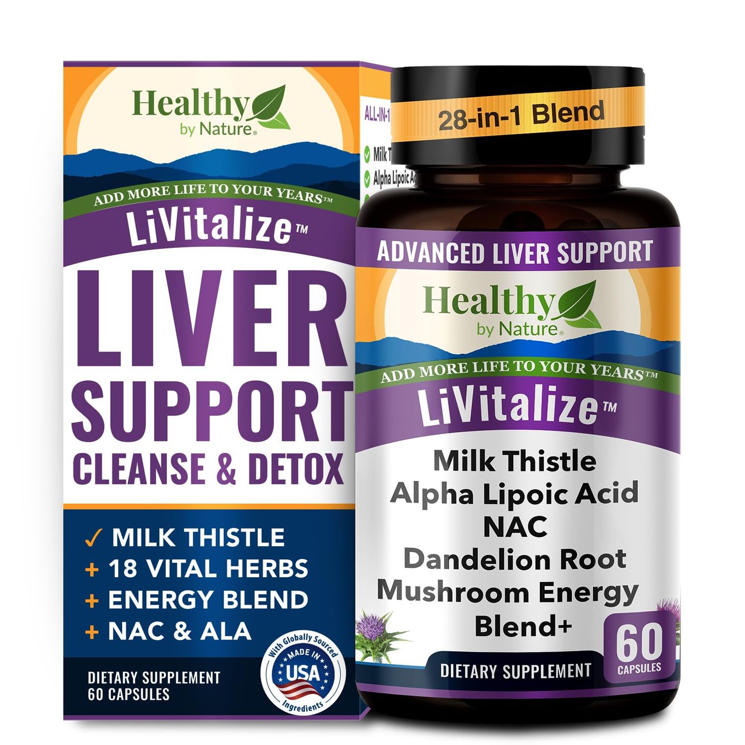 Liver Cleanse Detox &amp; Repair - 28-in-1 Liver Support - Milk Thistle Dandelion NAC Alpha Lipoic Acid Artichoke &amp; Reishi Chaga Turkey Tail Mushroom - Active Liver Health Supplement, 1540mg 60 Capsules