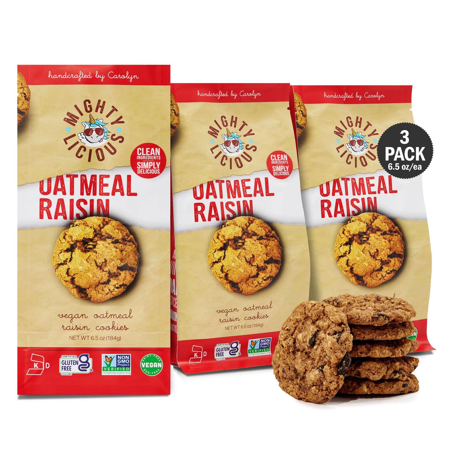 MIGHTYLICIOUS Vegan Spicy Oatmeal Raisin Cookies - Gluten-Free, Dairy-Free, Allergen Friendly, Egg-Free, Non-GMO, Kosher, Preservative-Free - Snack Option for a Guilt-Free Treat - 6.5 Oz 3 Pack