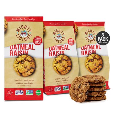 MIGHTYLICIOUS Vegan Spicy Oatmeal Raisin Cookies - Gluten-Free, Dairy-Free, Allergen Friendly, Egg-Free, Non-GMO, Kosher, Preservative-Free - Snack Option for a Guilt-Free Treat - 6.5 Oz 3 Pack