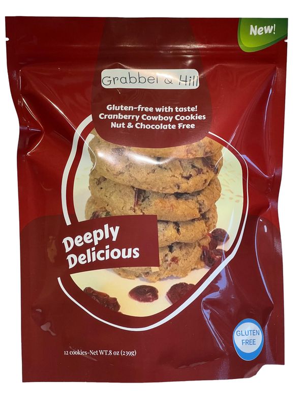 Grabbel &amp; Hill Gluten Free Cranberry Cowboy Cookies. 8 Ounce Pack of 12. No Artificial Flavors &amp; Preservatives. Nut &amp; Chocolate Free.