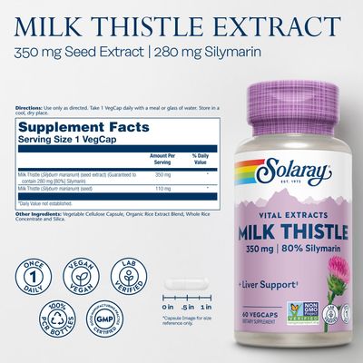 SOLARAY Milk Thistle Seed Extract 350 mg Guaranteed to Contain 80 Silymarin, Traditional Liver Support, Vegan & Lab Verified for Quality, 60 Day Money-Back Guarantee, 60 Servings, 60 VegCaps