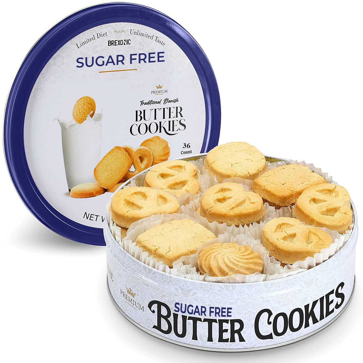 Sugar Free Butter Cookies 36 Count Traditional Danish Cookies, Premium Assorted Shortbread cookies for Diabetics 1 Pk, 11 Ounce