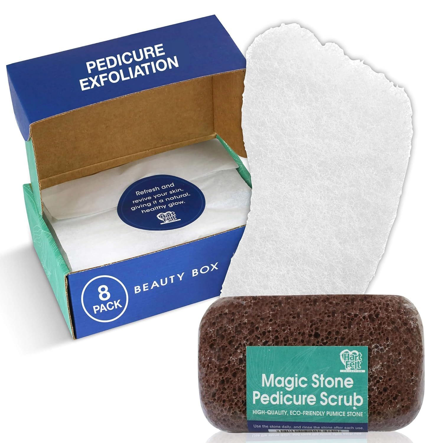 HartFelt Pedicure Exfoliation Beauty Box with 6 Exfoliating Foot Scrubber Bath Sponges &amp; 2 Magic Pumice Stone for Feet Callus Remover Gentle Sponge Pad &amp; Foot Scrubbing Stone for Deep Cleansing