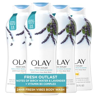 Olay Body Wash for Women, Fresh Radiance, Refreshing &amp; Renewing, Made with Plant Based Cleansers, B3 Botanical Complex, For All Skin Types, Birch Water &amp; Lavender Scent, 22 fl oz Pack of 4