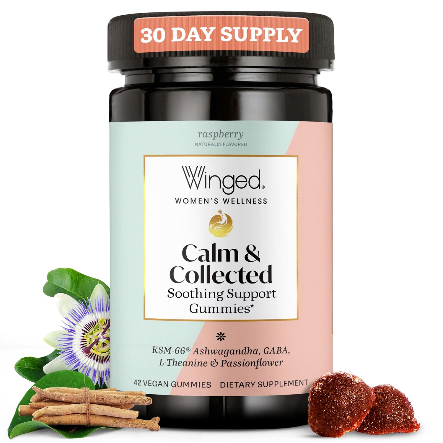 Winged Wellness Calm &amp; Collected, Stress Relief Gummies - Stress Support Supplement with KSM-66 Ashwagandha, L-Theanine, GABA &amp; Passionflower - Vegan &amp; Gluten-Free Gummy - Raspberry, 42 Count