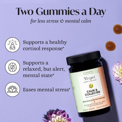 Winged Wellness Calm &amp; Collected, Stress Relief Gummies - Stress Support Supplement with KSM-66 Ashwagandha, L-Theanine, GABA &amp; Passionflower - Vegan &amp; Gluten-Free Gummy - Raspberry, 42 Count