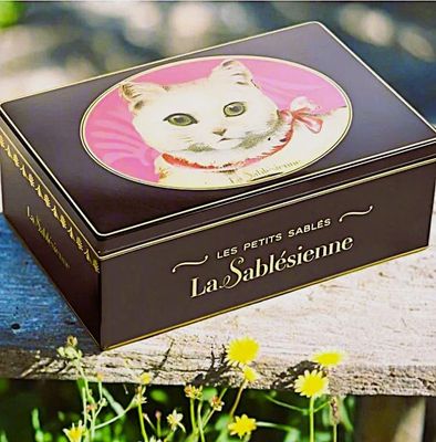 La Sablesienne, White Cat Chat Blanc Decorative Metal Tin of Pure French Butter Cookies with Chocolate Chips, 8.8 oz, Imported
