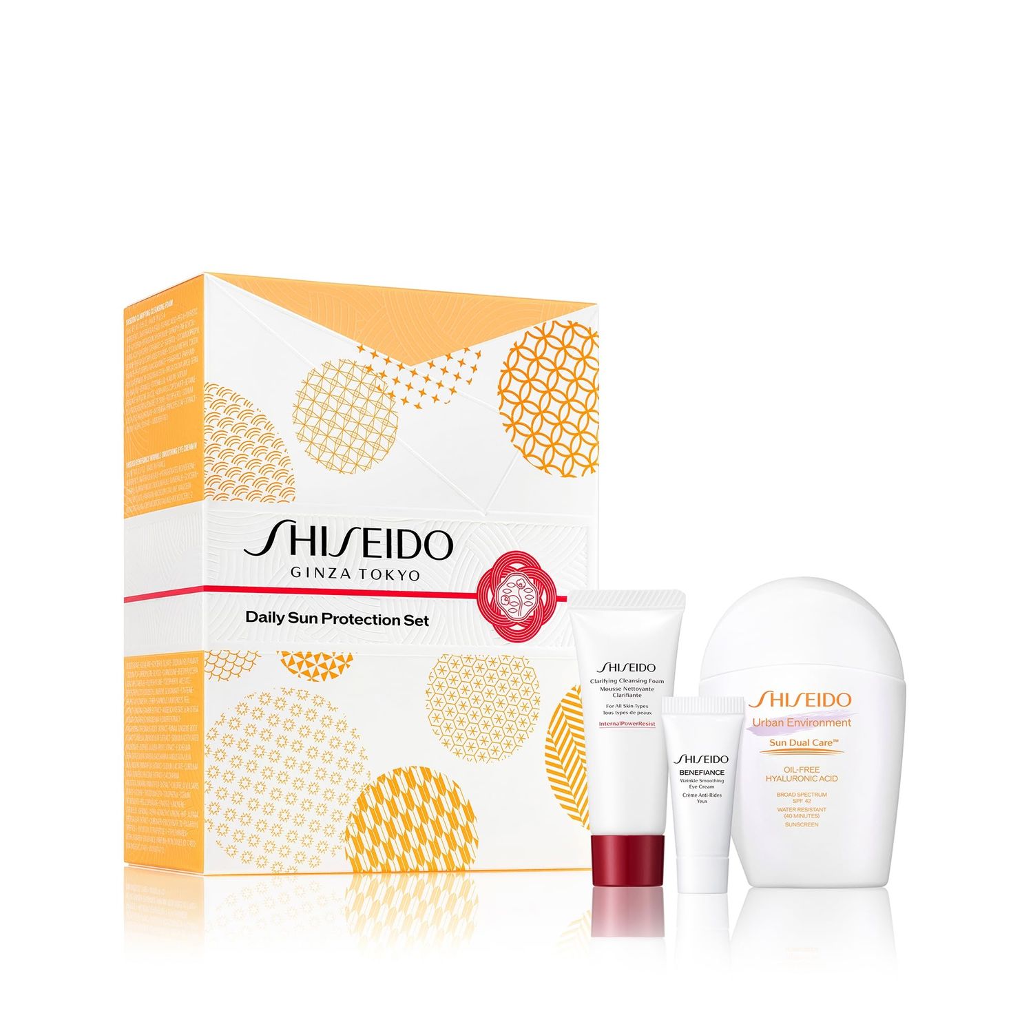 Shiseido Daily Sun Protection Set - Includes Urban Environment Oil-Free Sunscreen SPF 42 50 mL, Clarifying Cleansing Foam 15 mL &amp; Benefiance Wrinkle Smoothing Eye Cream 5 mL - 76 Value