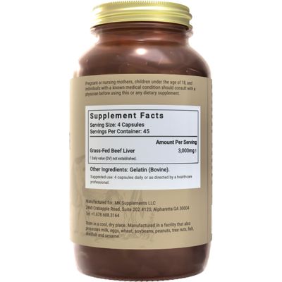 MK Supplements - Grass Fed Beef Liver 3000 mg, Freeze-Dried Beef Liver Capsules, 100 Pasture-Raised in New Zealand, 180 Liver Capsules, 45-Day Supply