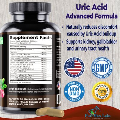 YUMMYVITE Uric Acid Advanced Formula - Kidney, Liver, Gallbladder, Urinary Tract Cleanse with Cranberry, Chanca Piedra, Tart Cherry, Milk Thistle and Bromelain 60 Capsules