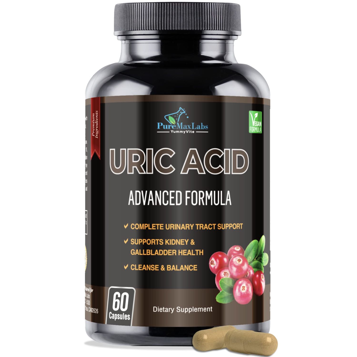 YUMMYVITE Uric Acid Advanced Formula - Kidney, Liver, Gallbladder, Urinary Tract Cleanse with Cranberry, Chanca Piedra, Tart Cherry, Milk Thistle and Bromelain 60 Capsules