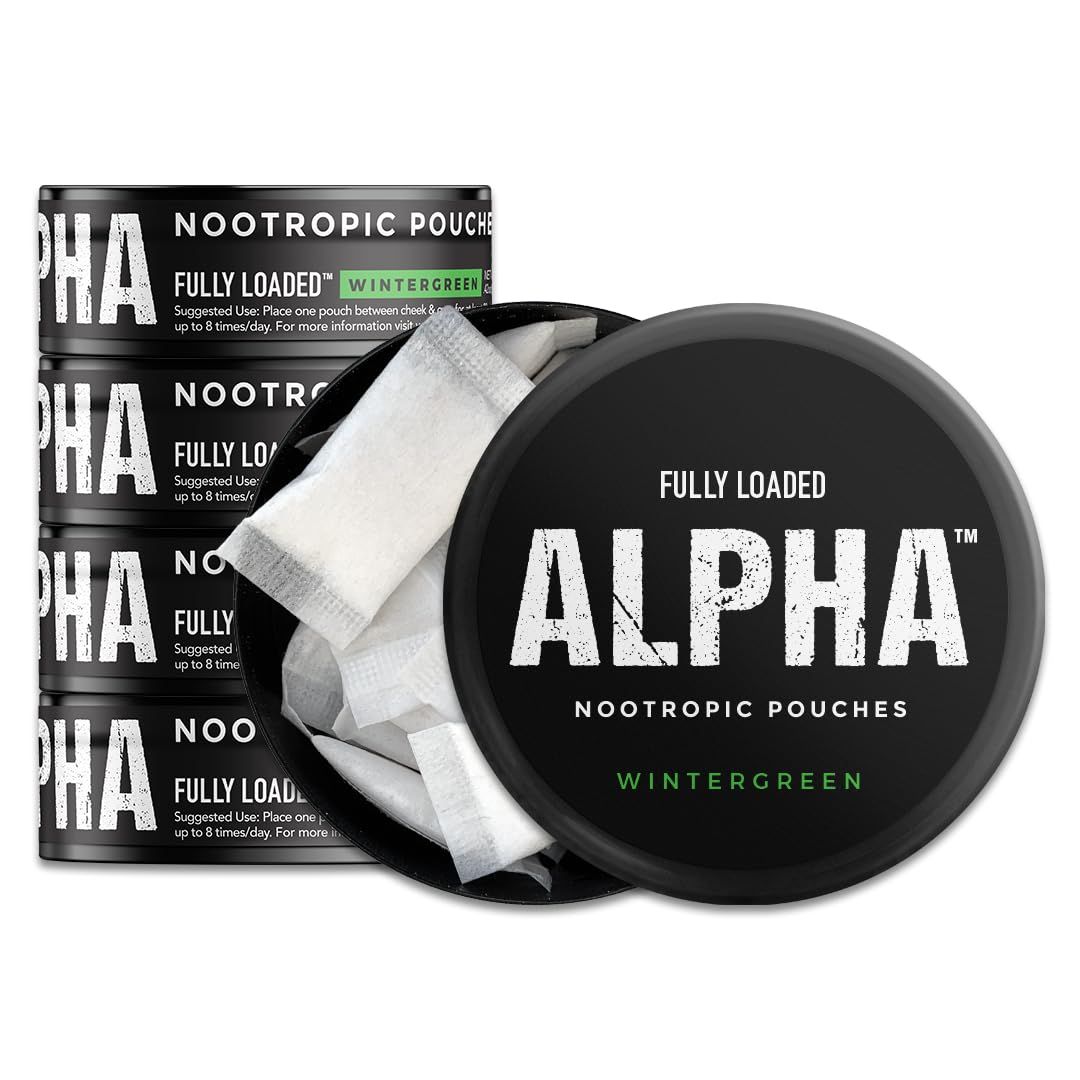 Fully Loaded Alpha Nootropic Pouches Wintergreen - 5 Cans - 15 Pouches per can - Effective Nootropic Delivery, Nic Pouch Replacement - Faster Absorption, Alpha GPC, L-Tyrosine, GABA