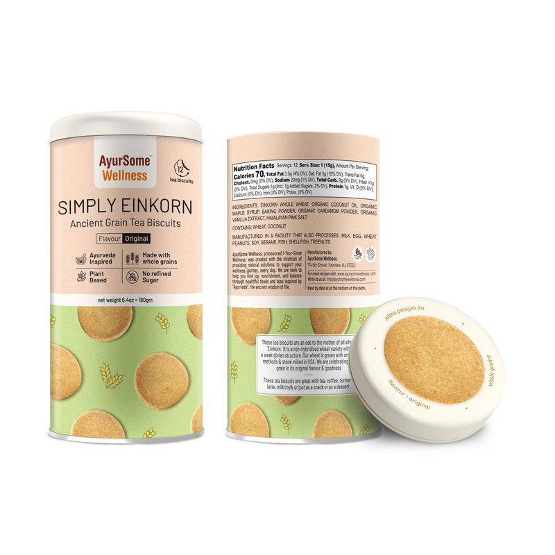 Simply Einkorn, Ancient Grain Tea Biscuits Whole Grain Einkorn Cookies, No Refined Sugar, Lightly sweetened with Maple Syrup, Plant based, Vegetarian, No Dairy, No Eggs 12 cookies tin