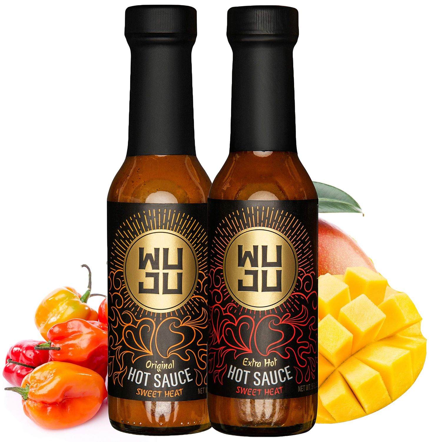 WUJU Hot Sauce Sampler - Original Hot Sauce Extra Hot Sauce - Agave Based Hot Pepper Sauce - All-Natural Habanero Hot Sauce - Hot Hot Sauce, Low Sodium, No Preservatives - 2 Flavors, 5 Ounces Each