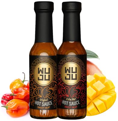 WUJU Hot Sauce Sampler - Original Hot Sauce Extra Hot Sauce - Agave Based Hot Pepper Sauce - All-Natural Habanero Hot Sauce - Hot Hot Sauce, Low Sodium, No Preservatives - 2 Flavors, 5 Ounces Each