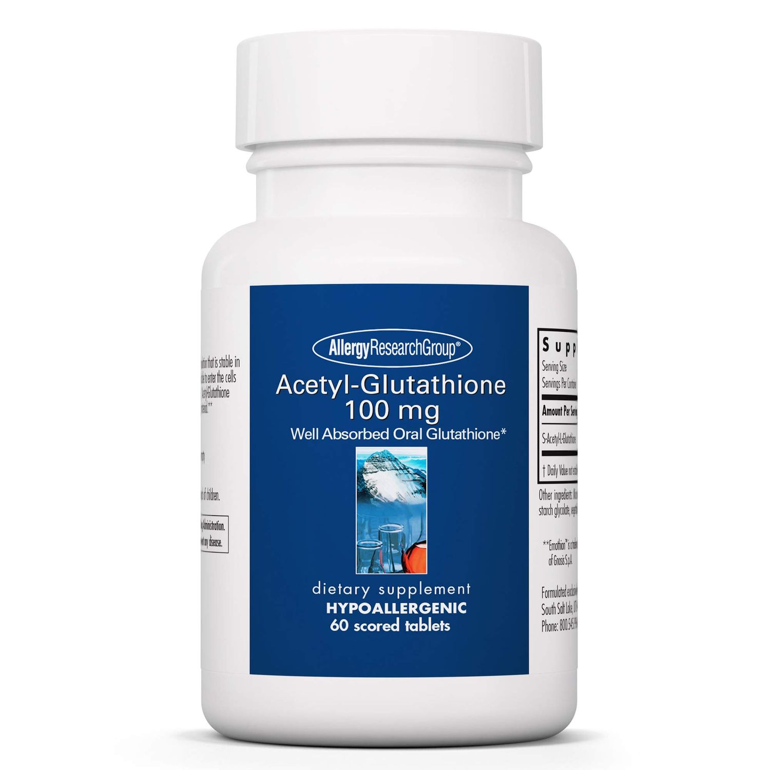 Allergy Research Group Acetyl-Glutathione - S-Acetyl-L-Glutathione, Well Absorbed, Oral Glutathione, Immune Support, 100 mg Supplement, Hypoallergenic, Scored Tablets - 60 Count