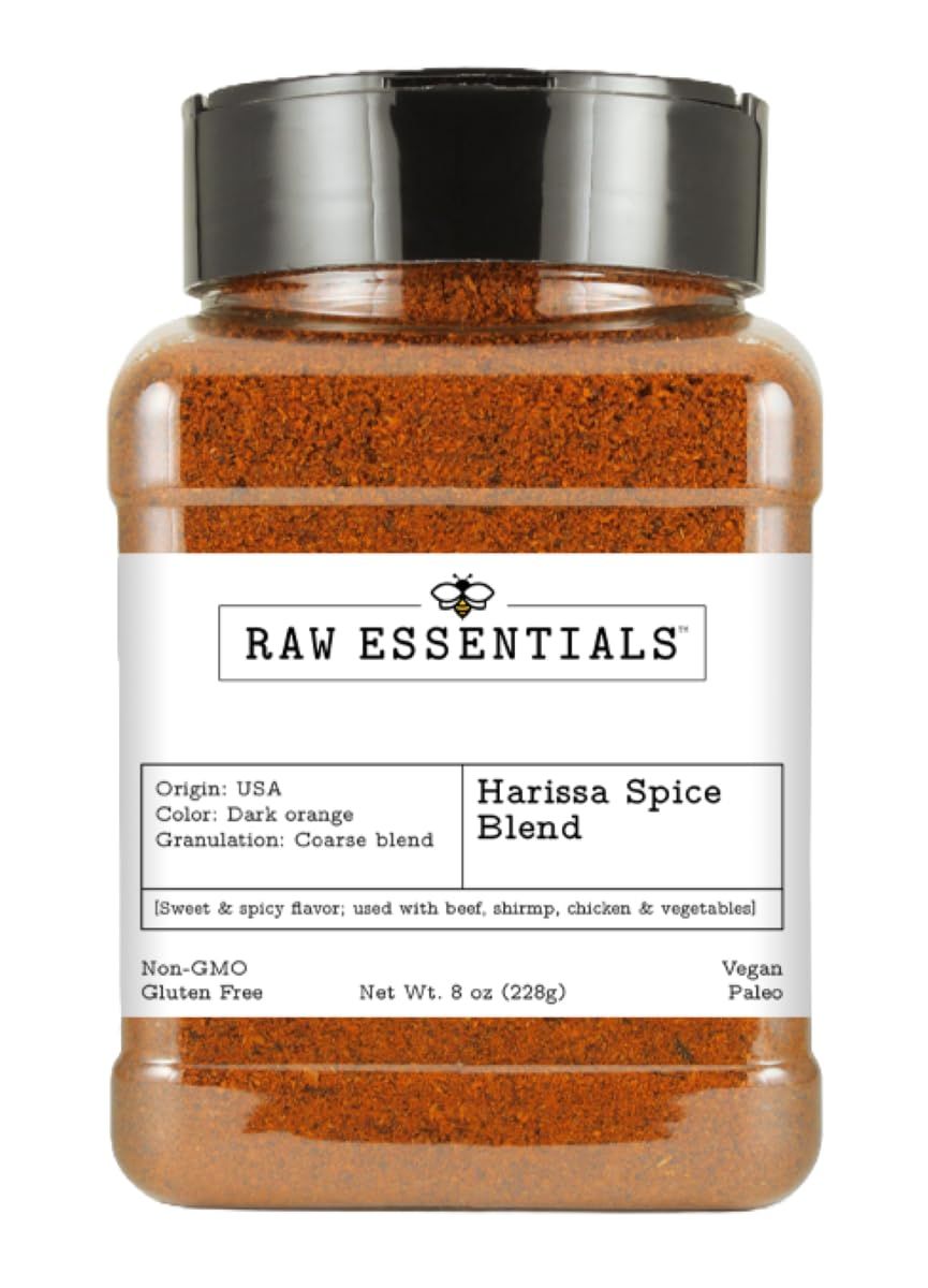 Raw Essentials Harissa Spice Blend - Smoky and Spicy - Great on Grilled Foods, Couscous, Stews and Dips - Gluten Free and Vegan - 8 Ounce Bottle