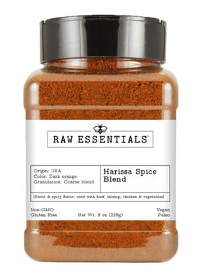 Raw Essentials Harissa Spice Blend - Smoky and Spicy - Great on Grilled Foods, Couscous, Stews and Dips - Gluten Free and Vegan - 8 Ounce Bottle