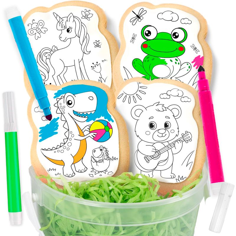 Cookie Decorating kit for Kids Activity Cookies Decorating Kit Coloring Gift For Kids boys girls Food 4 Jumbo Cookies 3 Edible Markers Individually Wrapped Unicorn Dinasour Frog Teddy Bear