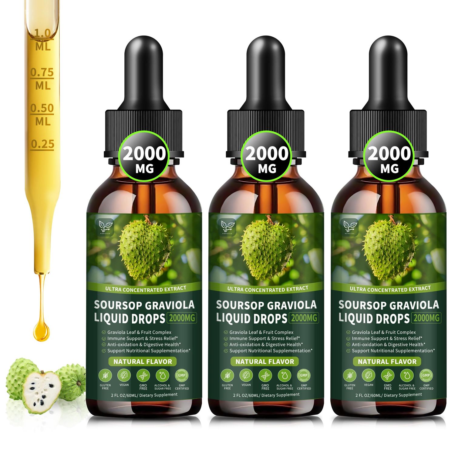 3 Pack Soursop Graviola Liquid Drops 2000mg, 98 Absorption for Cell Support &amp; Regeneration, Immune Boost, Liver, Herbal Goodness, Soursop Bitters Liquid-SugarGluten Free, Natural Flavor, 6 Fl Oz