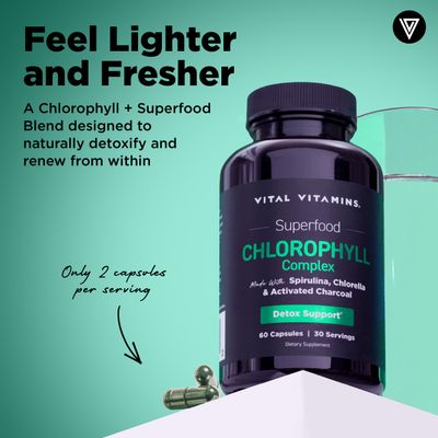 Vital Vitamins Chlorophyll Pills - Body Deodorizing Supplement - Made with Spirulina, Chlorella, Organic Parsley, Mint, &amp; Activated Charcoal - Defeat Odor Naturally - for Women &amp; Men - 60 Capsules