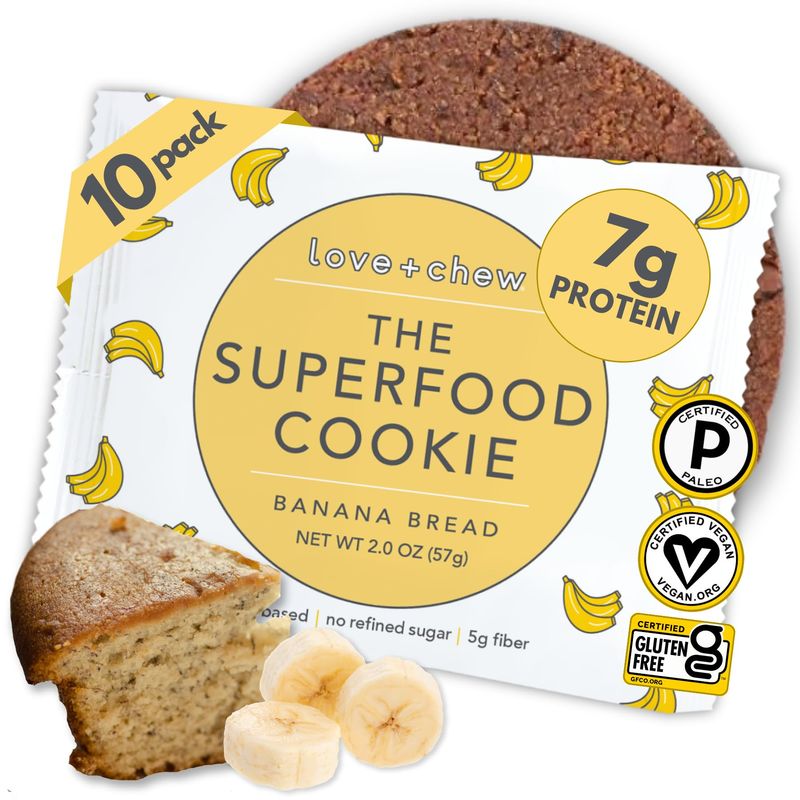 Love Chew Tasty, Gluten Free Cookies - Banana Bread 10 Count - Vegan - Healthy, Paleo, Non GMO Snacks - Individually Wrapped, Soft Baked Cookies - Made from High Protein Almonds - 2 Ounce Each