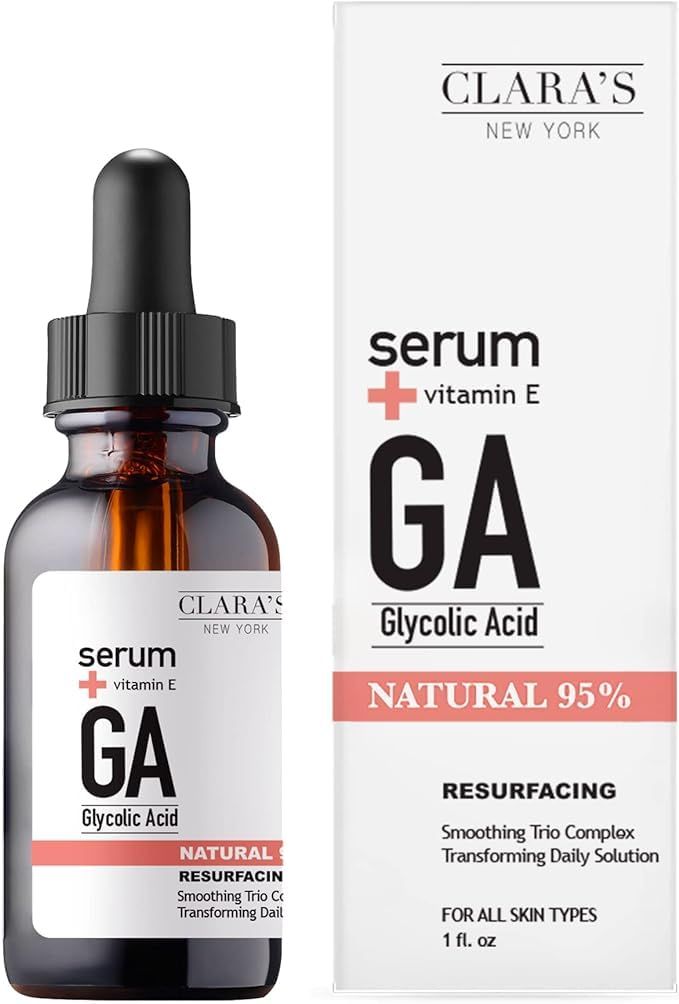 CLARA&#39;S NEW YORK Glycolic Acid Facial Serum with Vitamin E for Exfoliating Smoothing Glowing Face Skin - Made in USA 30ml 1FlOz Glycolic Acid