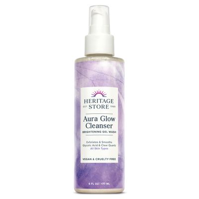 HERITAGE STORE Aura Glow Facial Cleanser, Brightening Wash for a Fresh Glow, All Skin Types, Revitalizing Gel Cleanser Exfoliates &amp; Smooths with Glycolic Acid, Niacinamide &amp; Clear Quartz, Vegan, 6oz