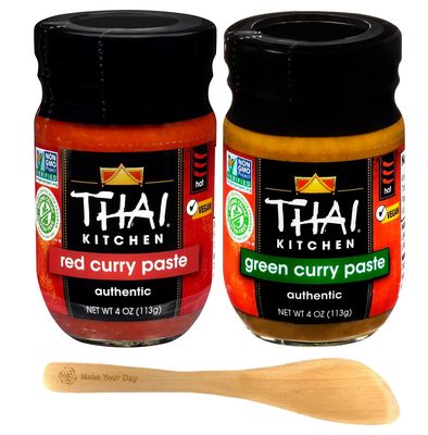 Thai Authentic Curry Paste, Red and Green, 4 Ounce Pack of 2 - with Make Your Day Mini Spatula