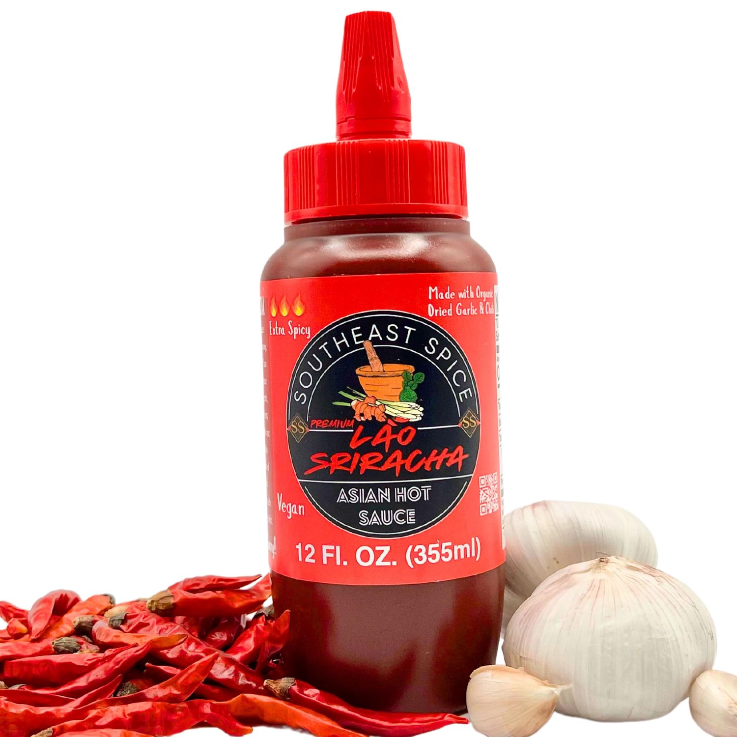 SOUTHEAST SPICE ORGANIC HOT SAUCE - Original Lao Sriracha, bottle red chili sweet garlic pepper siracha, extra Asian sauces, vegan premium natural ingredients, for ramen hamburgers hotdogs 12 Fluid...