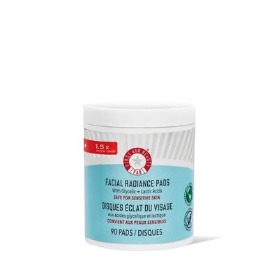 First Aid Beauty - Facial Radiance Pads with Glycolic &amp; Lactic Acids, Daily Exfoliating Pads with AHA that Help Tone &amp; Brighten Skin, Makeup Prep Pads, Compostable for Daily Use, 90 Pads