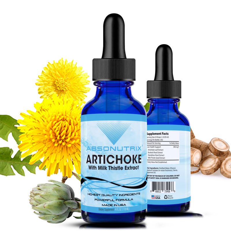 Absonutrix Artichoke with Milk Thistle Extract, 390 mg, 4 FL OZ Liquid, 302 Servings, Made in USA, Potent Plant-Based Ingredients, Burdock Root Extract, Dandelion Root Extract, Gluten-Free, Non-GMO