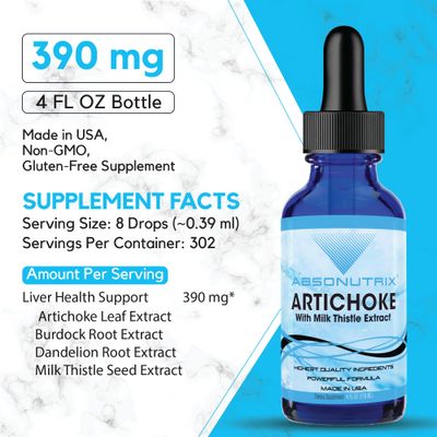 Absonutrix Artichoke with Milk Thistle Extract, 390 mg, 4 FL OZ Liquid, 302 Servings, Made in USA, Potent Plant-Based Ingredients, Burdock Root Extract, Dandelion Root Extract, Gluten-Free, Non-GMO