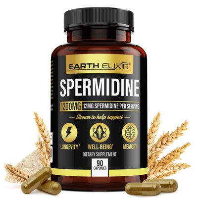 Earth Elixir Spermidine Supplements 1200mg 90 Capsules - Anti Aging - 3rd Party Tested 12mg Spermidine Powder Max Purity - 100 Pure Espermidina- Fermented Wheat Germ Extract - NMN Alternative