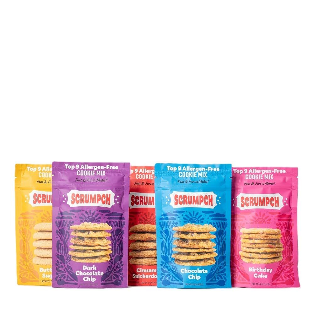 Scrumpch Cookie Mix Full Collection Variety Pack Chocolate Chip, Dark Chocolate, Birthday Cake, Cinnamon Snickerdoodle, Buttery Sugar Pack of 5 - Gluten Free, Top 9 Allergen Free Cookie Mix, Vegan,...