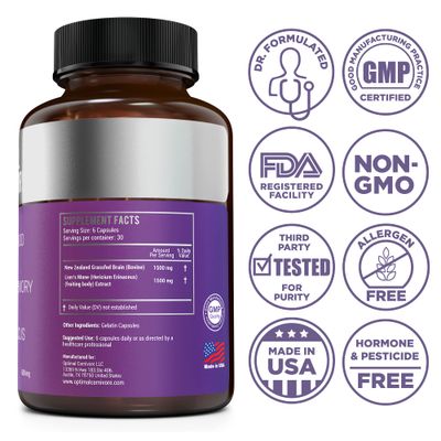 Optimal Carnivore Lions Mane Mushroom Supplement &amp; Beef Brain, Powerful Nootropics Brain Support Supplement, Brain Supplements for Memory and Focus, 180 Capsules