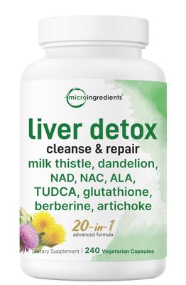 Liver Detox, 240 Veggie Capsules 20-in-1 Advanced Support Complex with Milk Thistle, Dandelion, NAD, NAC, ALA, TUDCA, Glutathione, Artichoke, Turmeric, &amp; More Liver Cleanse &amp; Repair Supplement
