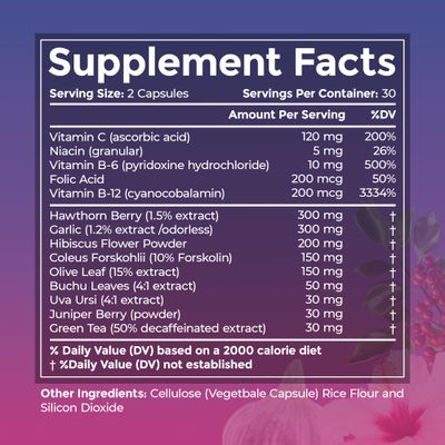 ULTALIFE Blood Pressure Supplements - Advanced Blood Pressure Supplement Complex - Hawthorn Berry, Hibiscus, Garlic, Forskolin - 14 Vitamins &amp; Herbs, 30 Day Supply in Veggie Capsules