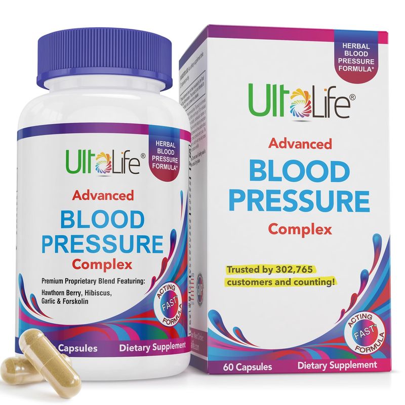 ULTALIFE Blood Pressure Supplements - Advanced Blood Pressure Supplement Complex - Hawthorn Berry, Hibiscus, Garlic, Forskolin - 14 Vitamins &amp; Herbs, 30 Day Supply in Veggie Capsules