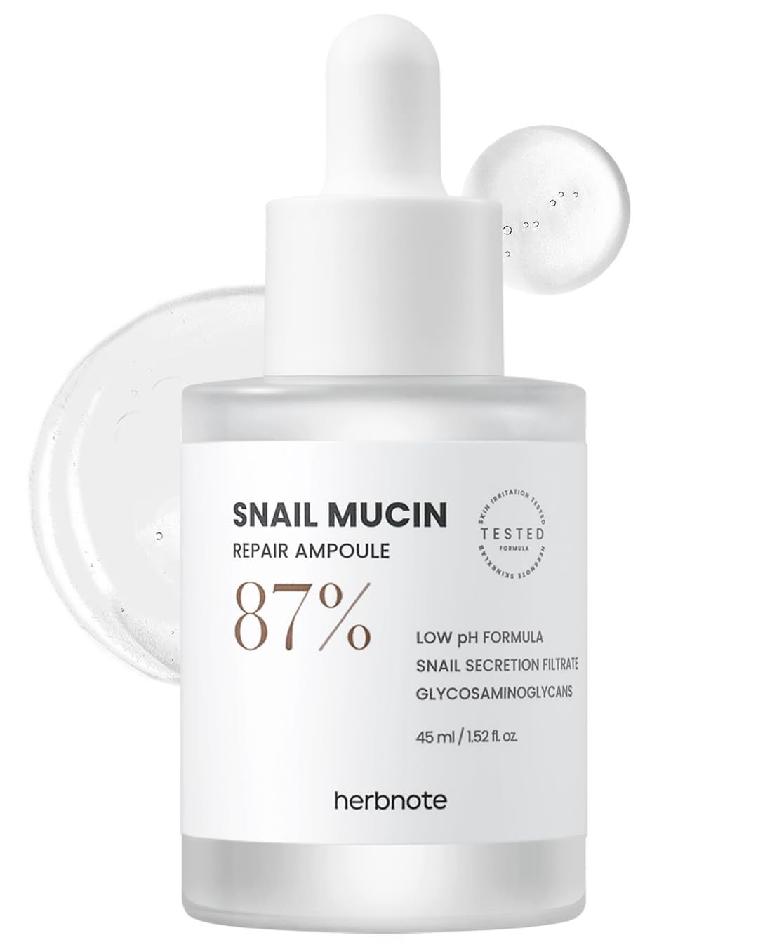HERBNOTE Snail Mucin Repair Ampoule - Boost Skin Regeneration, Tighten Enlarged Pores, Reduce Redness &amp; Blemishes - 85 Snail Secretion Filtrate, 2 Niacinamide &amp; EGF, 1.52 fl.oz.